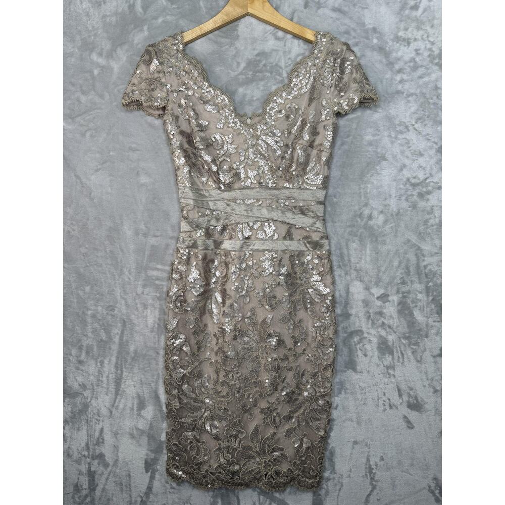 Tadashi Shoji Dress Womens 2 Tan Taupe Sequin Lace Sheath V Neck Cocktail Formal